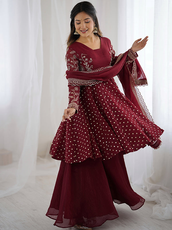 Maroon Embroidery Sequence Work Crunchy Silk Sharara Set With Dupatta