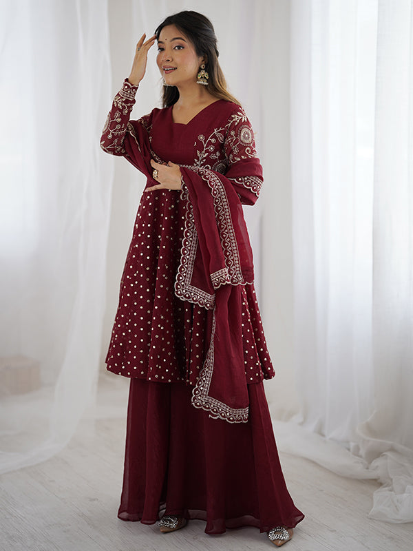 Maroon Embroidery Sequence Work Crunchy Silk Sharara Set With Dupatta