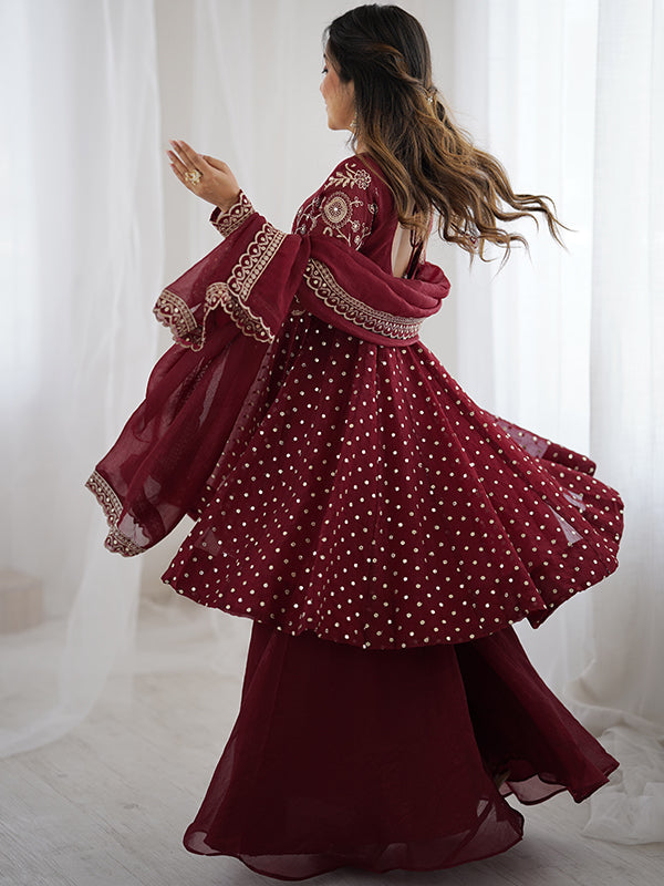 Maroon Embroidery Sequence Work Crunchy Silk Sharara Set With Dupatta
