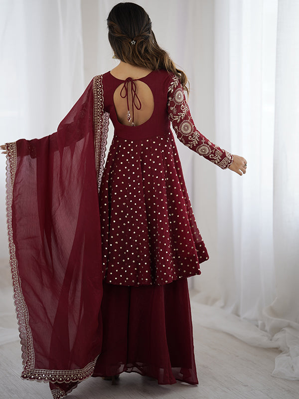 Maroon Embroidery Sequence Work Crunchy Silk Sharara Set With Dupatta