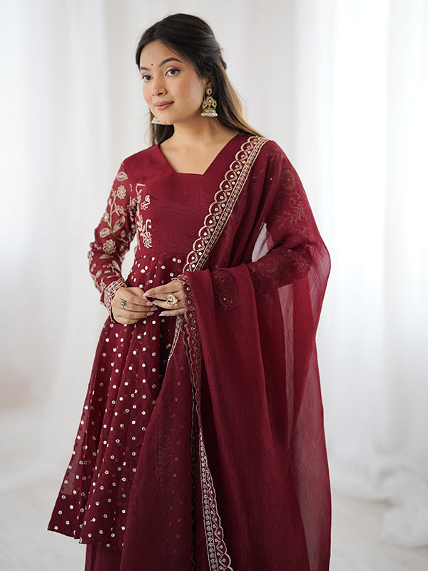 Maroon Embroidery Sequence Work Crunchy Silk Sharara Set With Dupatta