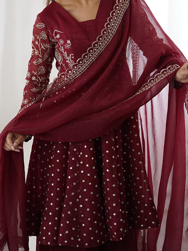 Maroon Embroidery Sequence Work Crunchy Silk Sharara Set With Dupatta