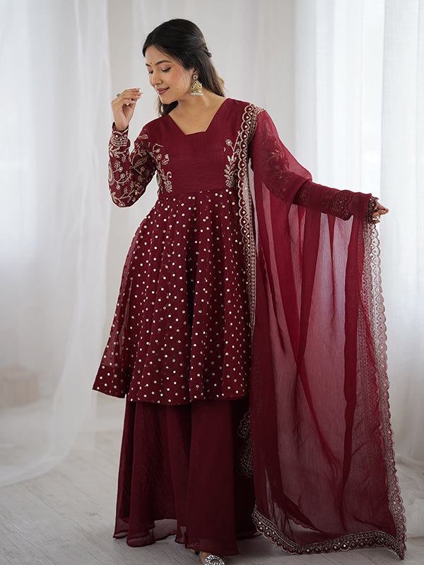Maroon Embroidery Sequence Work Crunchy Silk Sharara Set With Dupatta