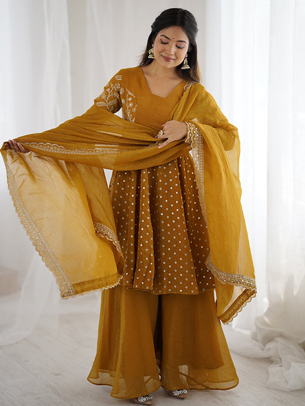 Mustard Yellow Embroidery Sequence Work Crunchy Silk Sharara Set With Dupatta