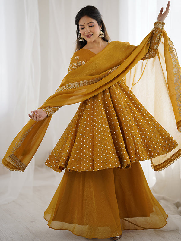 Mustard Yellow Embroidery Sequence Work Crunchy Silk Sharara Set With Dupatta