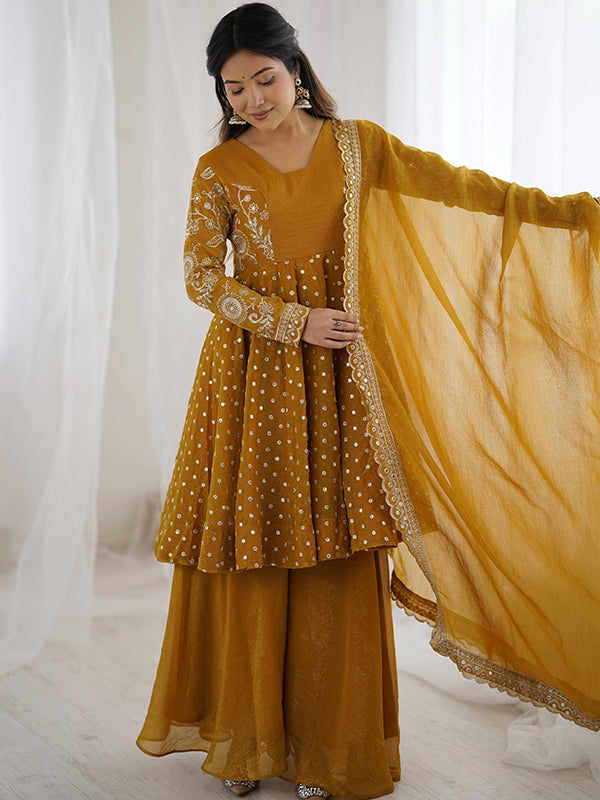 Mustard Yellow Embroidery Sequence Work Crunchy Silk Sharara Set With Dupatta