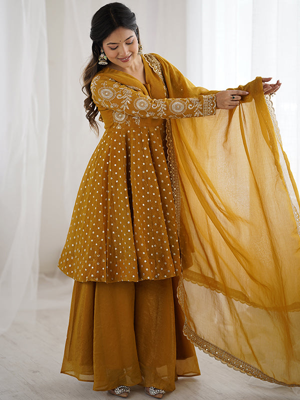 Mustard Yellow Embroidery Sequence Work Crunchy Silk Sharara Set With Dupatta