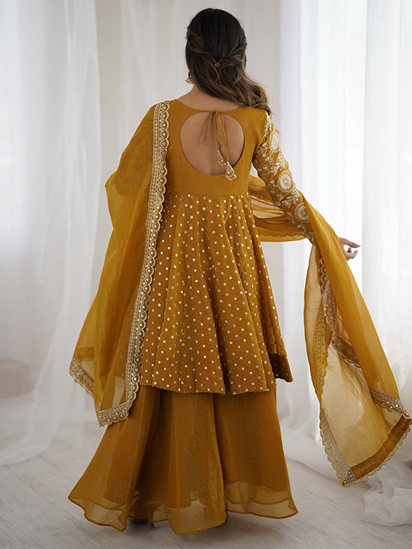 Mustard Yellow Embroidery Sequence Work Crunchy Silk Sharara Set With Dupatta