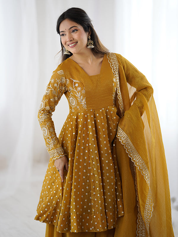 Mustard Yellow Embroidery Sequence Work Crunchy Silk Sharara Set With Dupatta