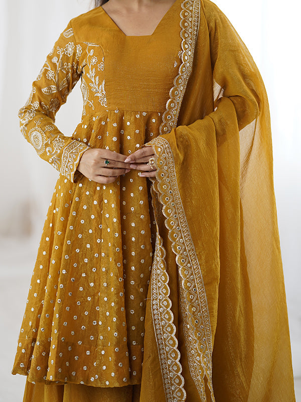 Mustard Yellow Embroidery Sequence Work Crunchy Silk Sharara Set With Dupatta