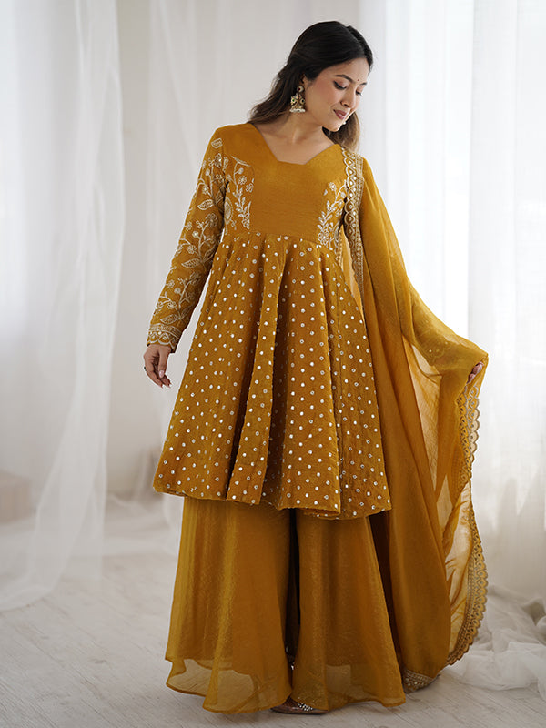 Mustard Yellow Embroidery Sequence Work Crunchy Silk Sharara Set With Dupatta