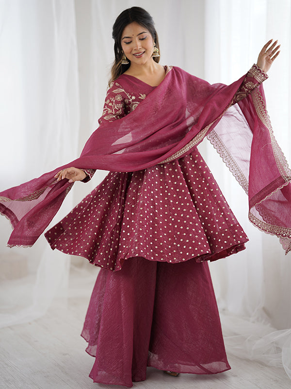 Onion Pink Embroidery Sequence Work Crunchy Silk Sharara Set With Dupatta