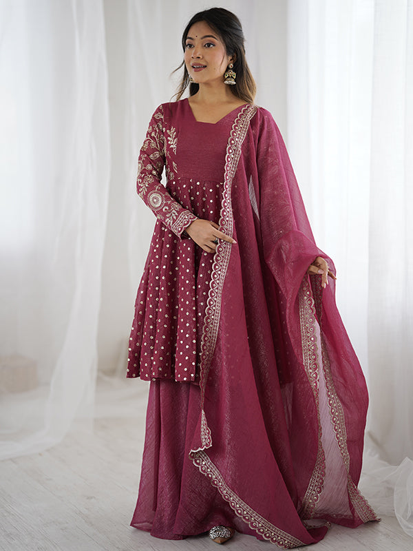 Onion Pink Embroidery Sequence Work Crunchy Silk Sharara Set With Dupatta