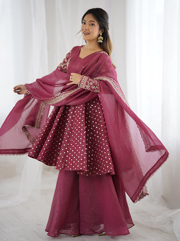 Onion Pink Embroidery Sequence Work Crunchy Silk Sharara Set With Dupatta