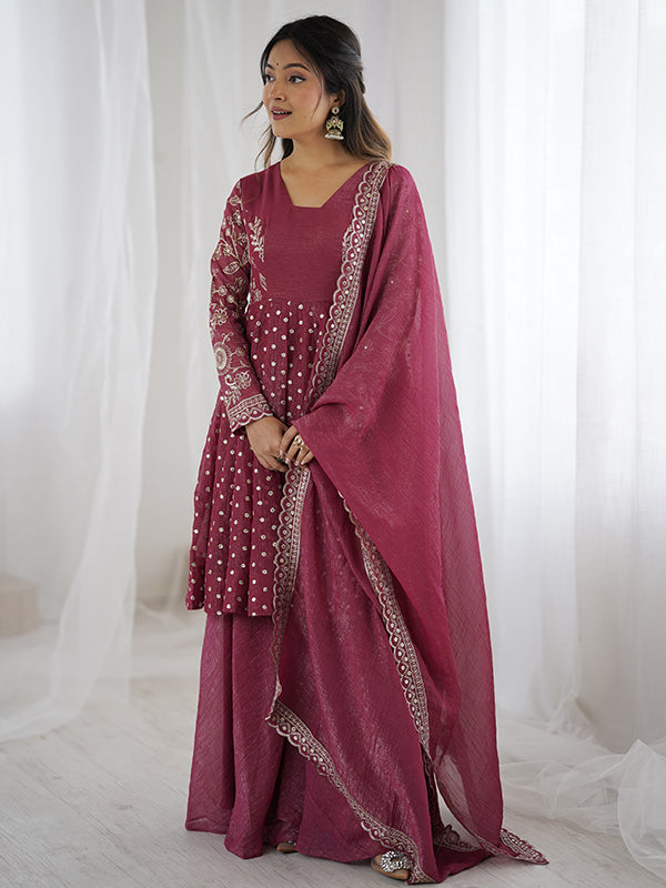 Onion Pink Embroidery Sequence Work Crunchy Silk Sharara Set With Dupatta