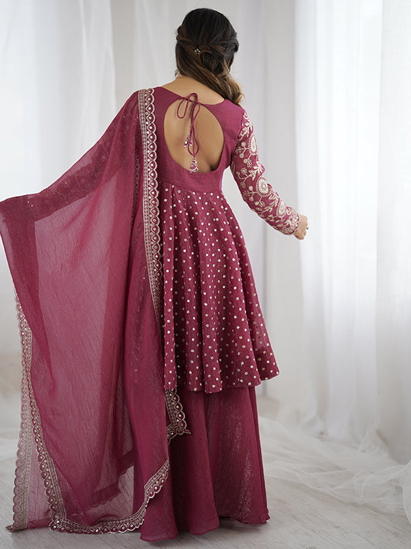 Onion Pink Embroidery Sequence Work Crunchy Silk Sharara Set With Dupatta