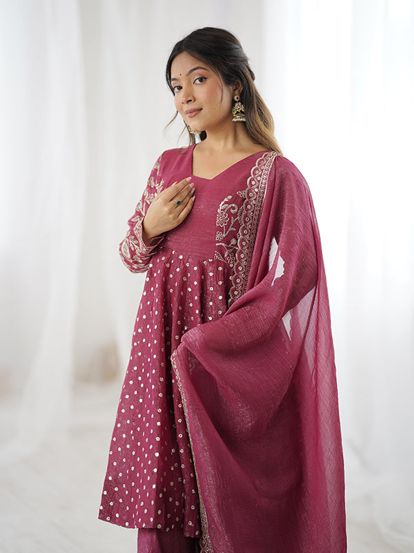 Onion Pink Embroidery Sequence Work Crunchy Silk Sharara Set With Dupatta