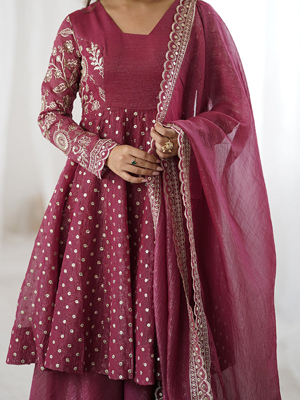 Onion Pink Embroidery Sequence Work Crunchy Silk Sharara Set With Dupatta