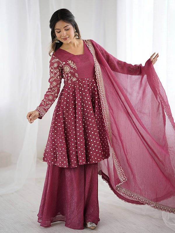 Onion Pink Embroidery Sequence Work Crunchy Silk Sharara Set With Dupatta