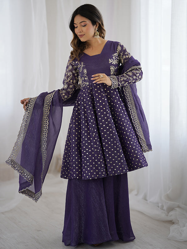 Purple Embroidery Sequence Work Crunchy Silk Sharara Set With Dupatta