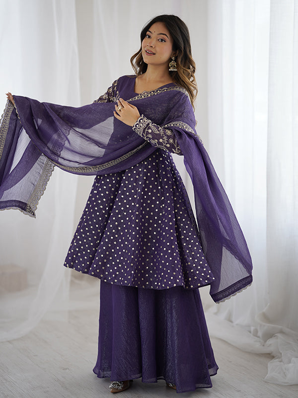 Purple Embroidery Sequence Work Crunchy Silk Sharara Set With Dupatta