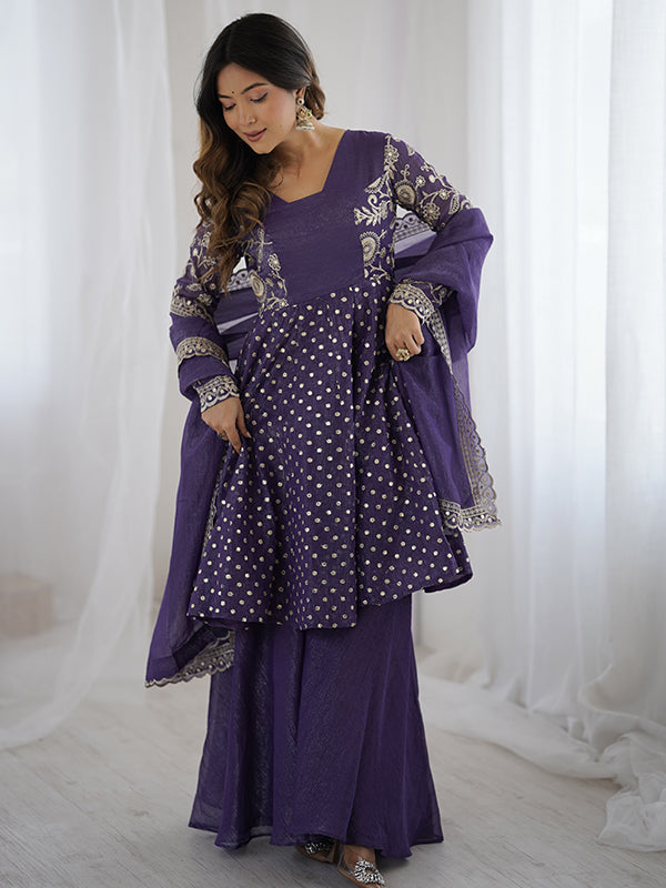 Purple Embroidery Sequence Work Crunchy Silk Sharara Set With Dupatta