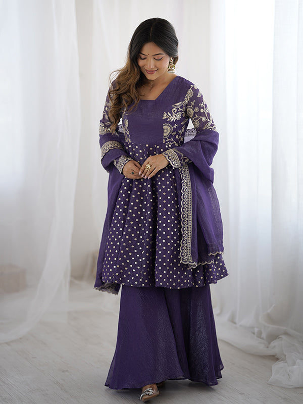 Purple Embroidery Sequence Work Crunchy Silk Sharara Set With Dupatta