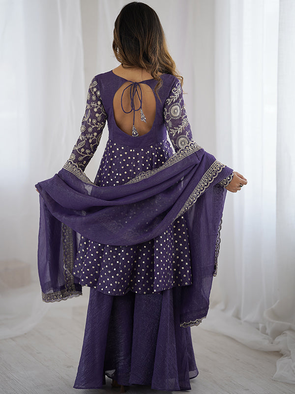Purple Embroidery Sequence Work Crunchy Silk Sharara Set With Dupatta
