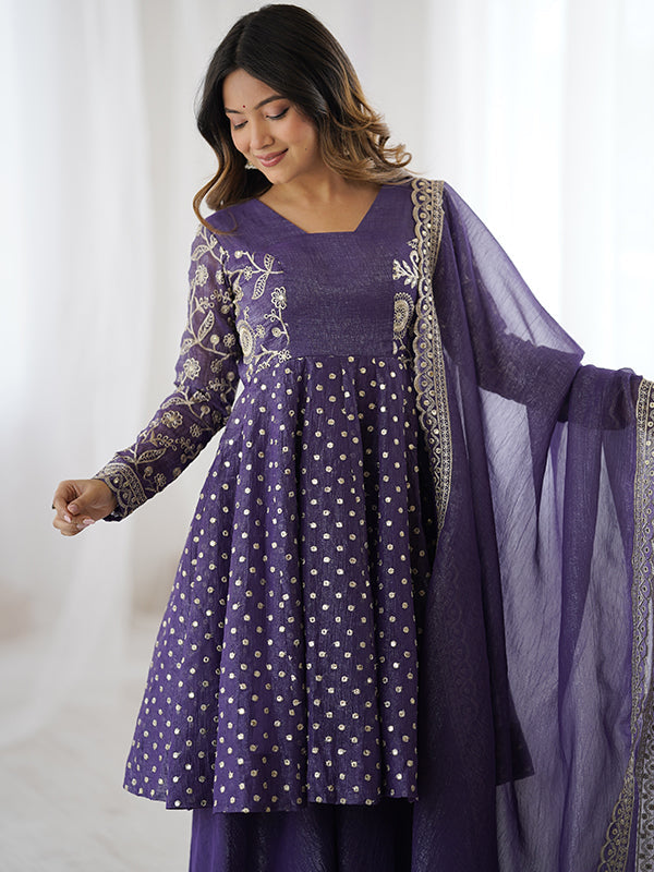 Purple Embroidery Sequence Work Crunchy Silk Sharara Set With Dupatta