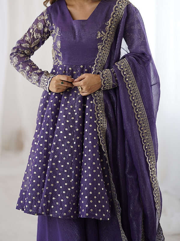 Purple Embroidery Sequence Work Crunchy Silk Sharara Set With Dupatta