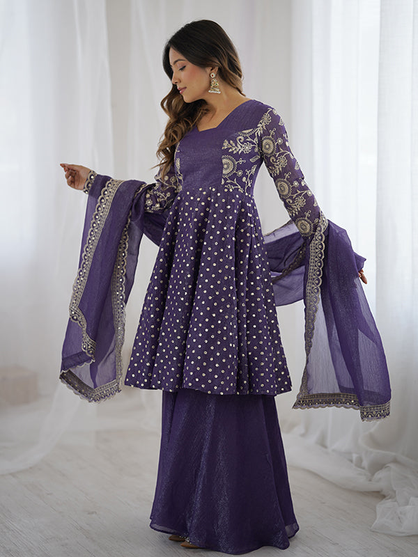 Purple Embroidery Sequence Work Crunchy Silk Sharara Set With Dupatta