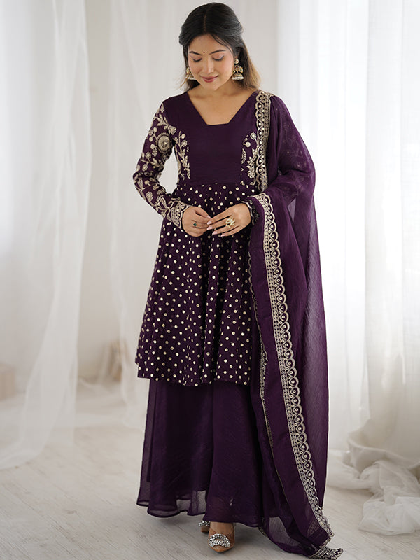 Wine Embroidery Sequence Work Crunchy Silk Sharara Set With Dupatta