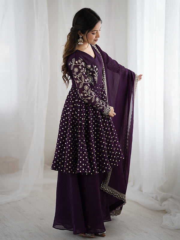 Wine Embroidery Sequence Work Crunchy Silk Sharara Set With Dupatta