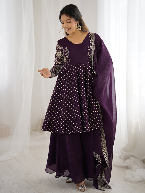 Wine Embroidery Sequence Work Crunchy Silk Sharara Set With Dupatta
