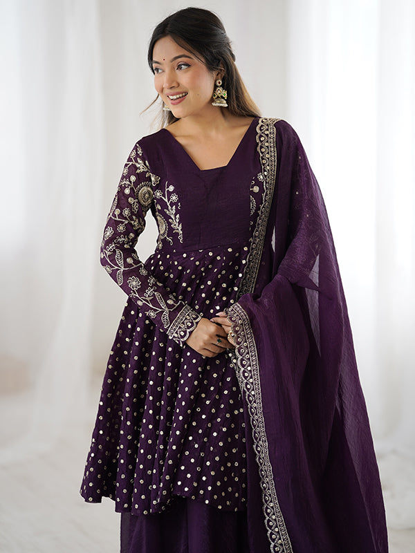 Wine Embroidery Sequence Work Crunchy Silk Sharara Set With Dupatta