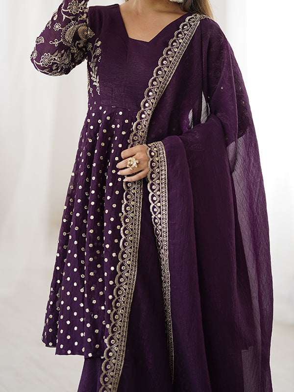 Wine Embroidery Sequence Work Crunchy Silk Sharara Set With Dupatta