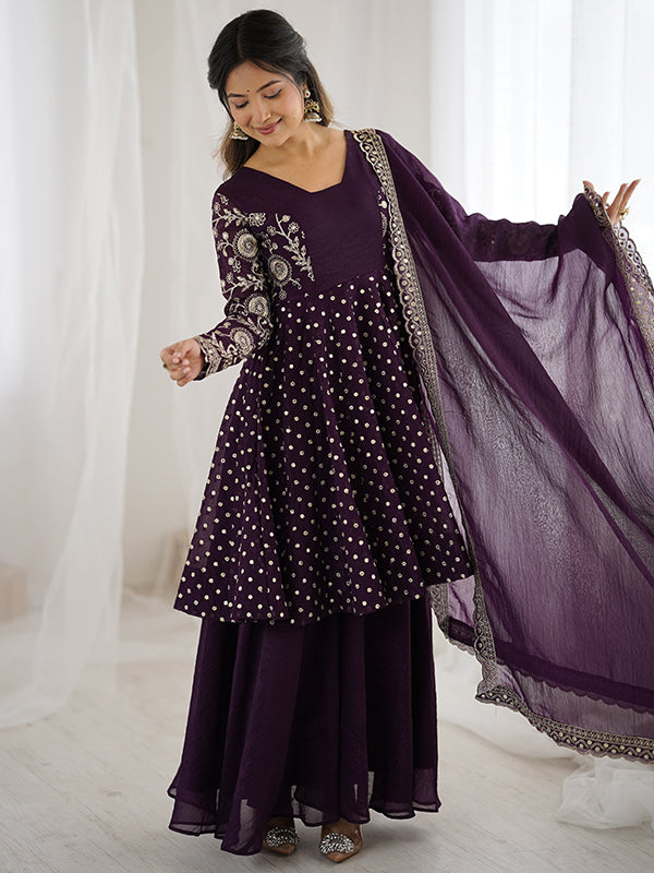 Wine Embroidery Sequence Work Crunchy Silk Sharara Set With Dupatta