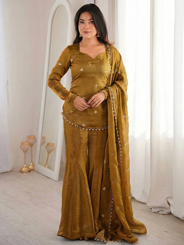 Mustard Yellow Embroidery Sequence Work Fendy Silk Top Sharara With Dupatta