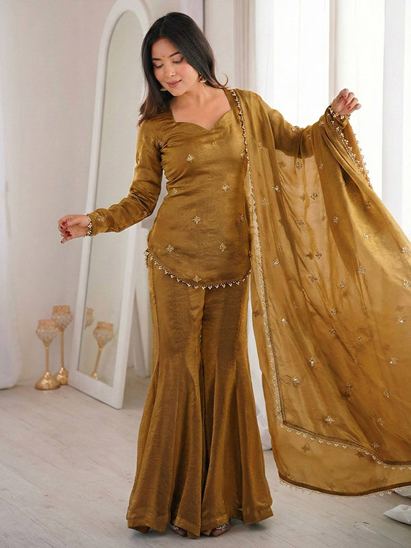 Mustard Yellow Embroidery Sequence Work Fendy Silk Top Sharara With Dupatta