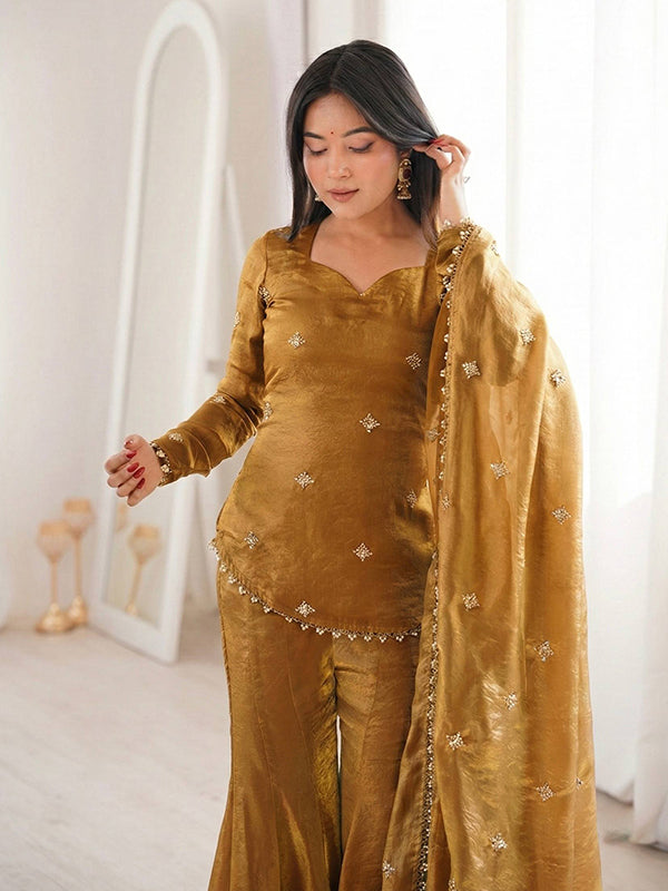Mustard Yellow Embroidery Sequence Work Fendy Silk Top Sharara With Dupatta