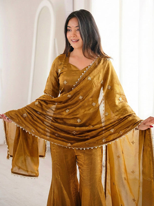 Mustard Yellow Embroidery Sequence Work Fendy Silk Top Sharara With Dupatta