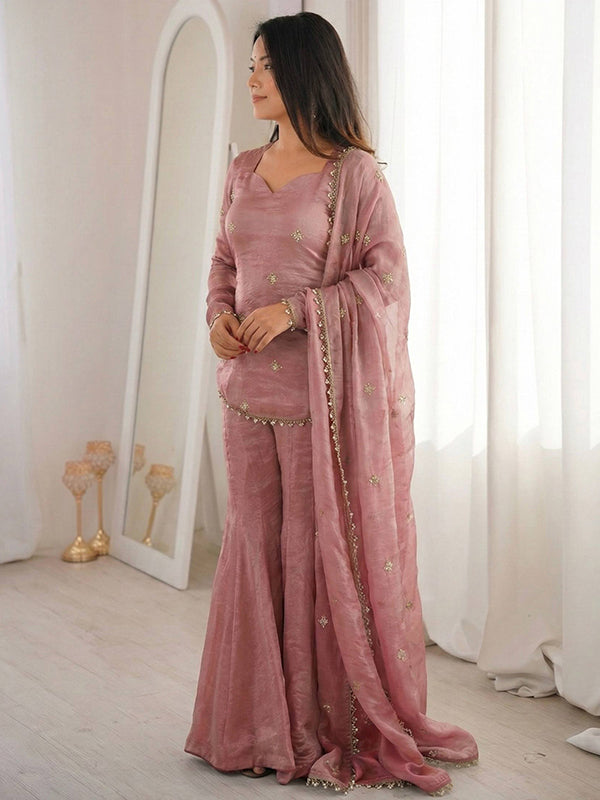 Peach Embroidery Sequence Work Fendy Silk Top Sharara With Dupatta