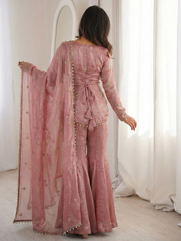Peach Embroidery Sequence Work Fendy Silk Top Sharara With Dupatta