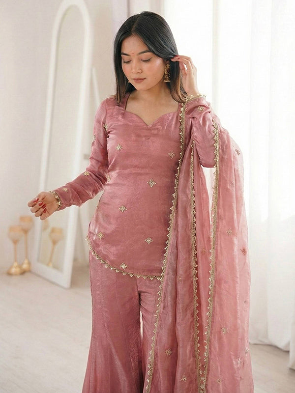 Peach Embroidery Sequence Work Fendy Silk Top Sharara With Dupatta
