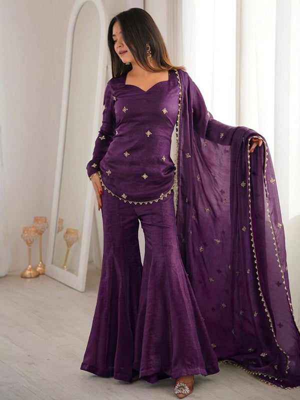 Purple Embroidery Sequence Work Fendy Silk Top Sharara With Dupatta