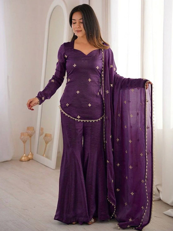 Purple Embroidery Sequence Work Fendy Silk Top Sharara With Dupatta