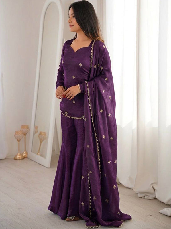 Purple Embroidery Sequence Work Fendy Silk Top Sharara With Dupatta