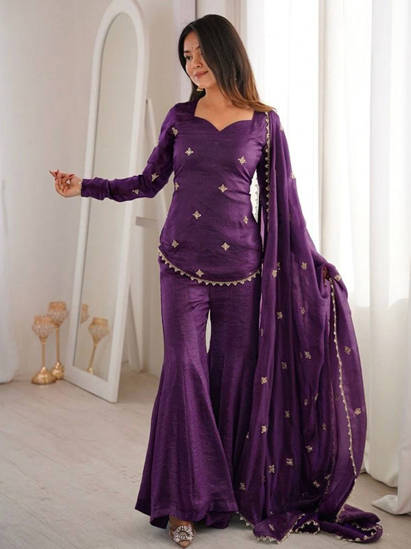 Purple Embroidery Sequence Work Fendy Silk Top Sharara With Dupatta