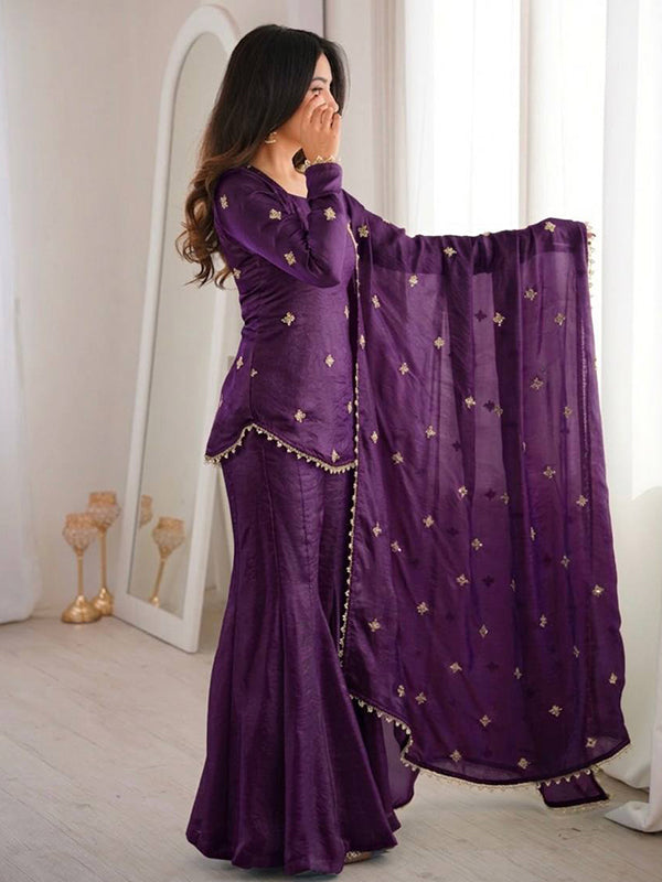 Purple Embroidery Sequence Work Fendy Silk Top Sharara With Dupatta