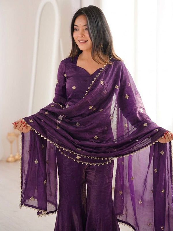 Purple Embroidery Sequence Work Fendy Silk Top Sharara With Dupatta